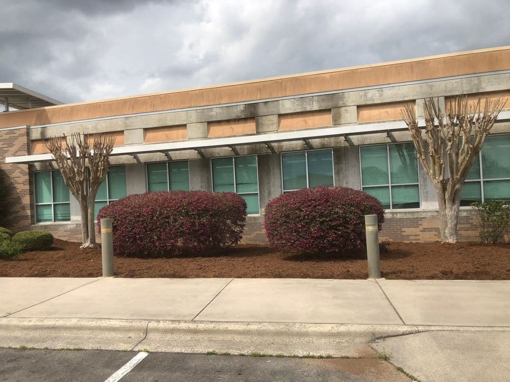 Exterior view of a building with large windows, decorative shrubs, and barren trees.