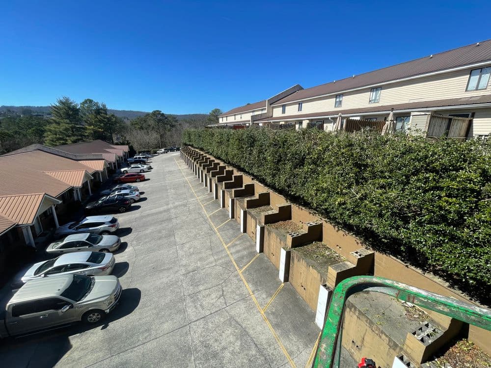 Row of townhouses with landscaped parking area under a clear blue sky.