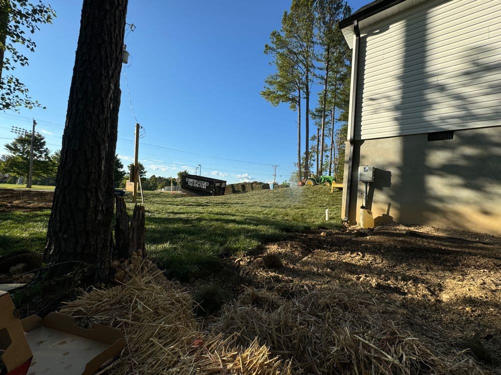 Construction site with newly laid grass and trees beside a residential building.