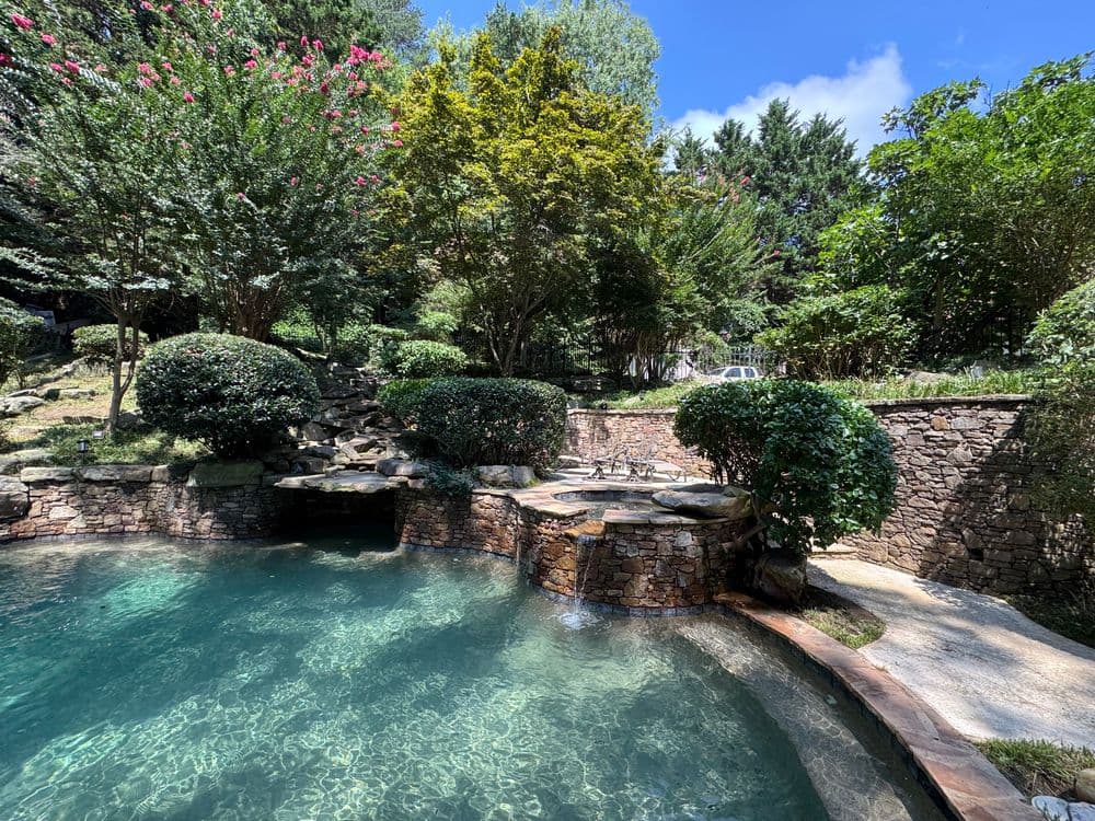 Scenic backyard oasis with a stone pool, greenery, and bright blue sky.