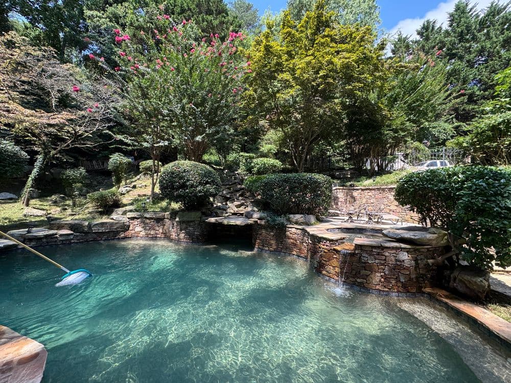 Scenic backyard pool surrounded by lush greenery and stone landscaping under a clear blue sky.
